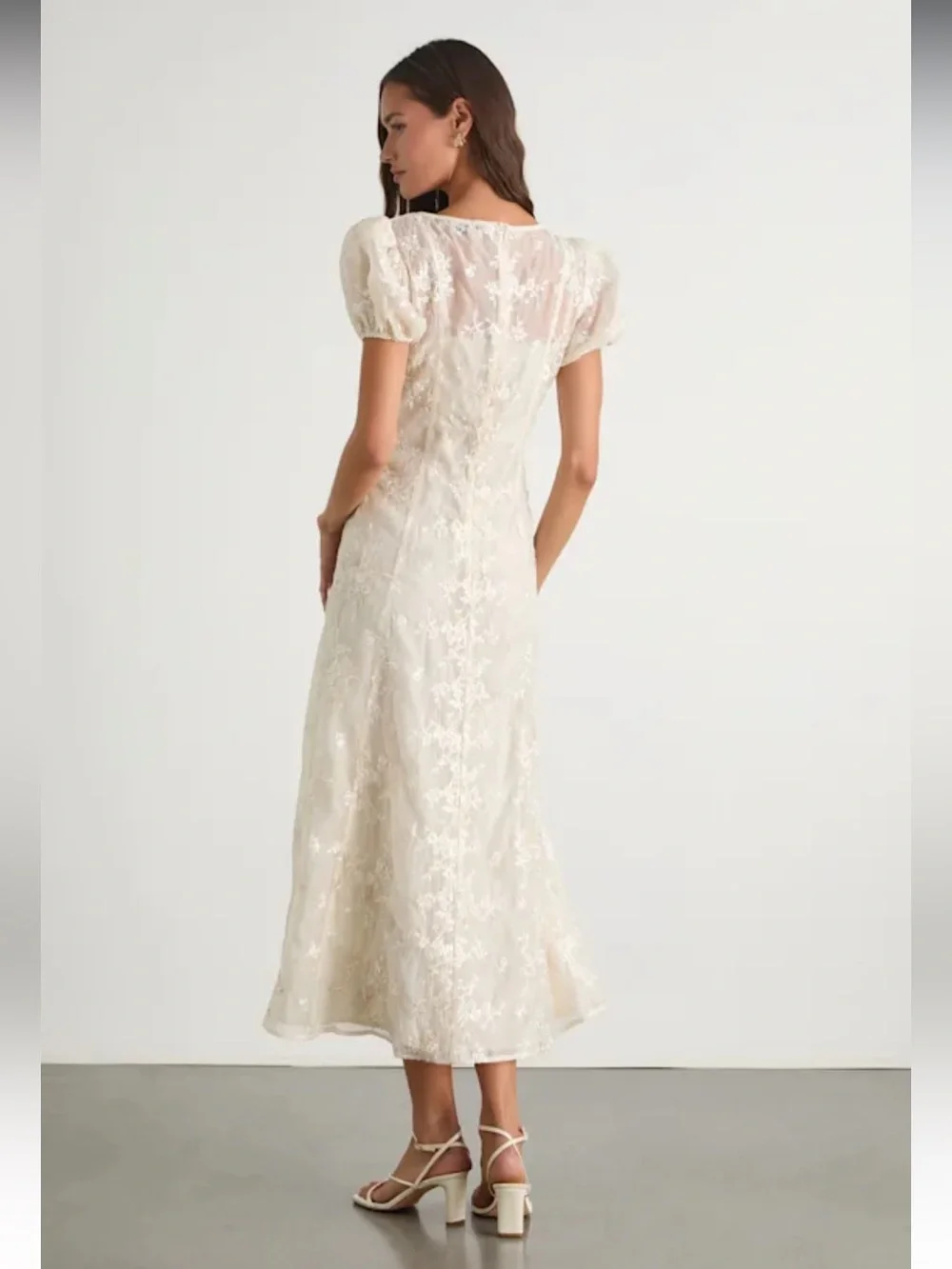 Lulus Elfrieda Cream Floral Embroidered Puff Sleeve Midi Dress Size Medium - Picture 9 of 9
